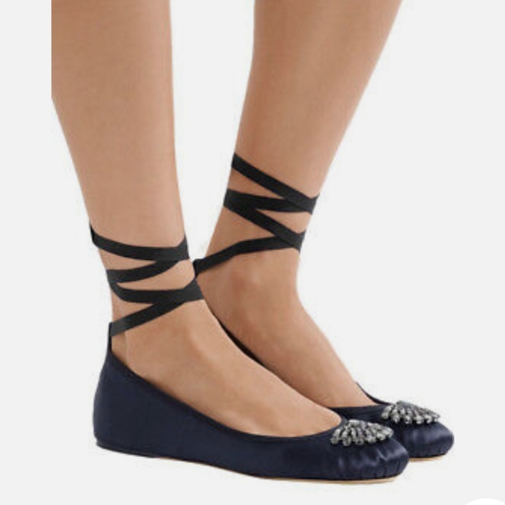 Jimmy Choo Blue Jeweled Toe Grosgrain Ankle Strap Ballet Flats - Picture 13 of 13